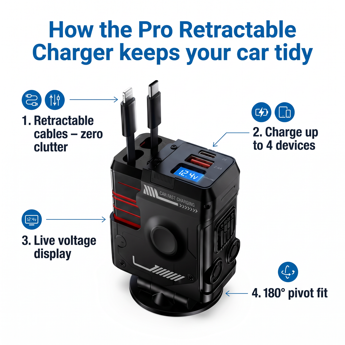 Apex Auto™ Pro Retractable Car Charger - No Clutter, Just Charge